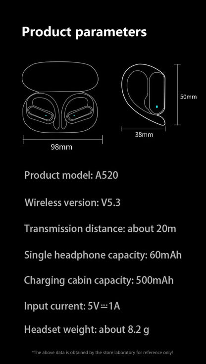 Para Fones de ouvido sem fio CB&JBL Bluetooth TWS A520 Fones de ouvido intra-auriculares Gancho de orelha Fone de ouvido para jogos Controle de toque esportivo com microfone