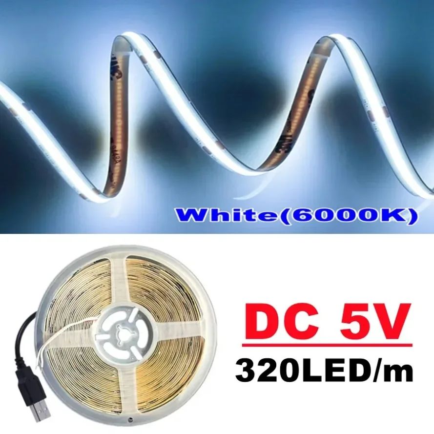 DC5V COB LED Light Strip With USB Power Supply Light 320LED/m High-Density Flexible LED Lamp 3000K/4500K/6500K COB Light Strip