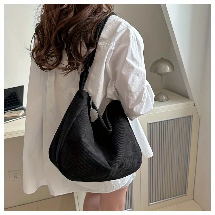 Women’s Corduroy Shoulder Bag Casual Striped Large Capacity Tote with Zipper Closure, Cute Hat Patch, Perfect for Everyday Use