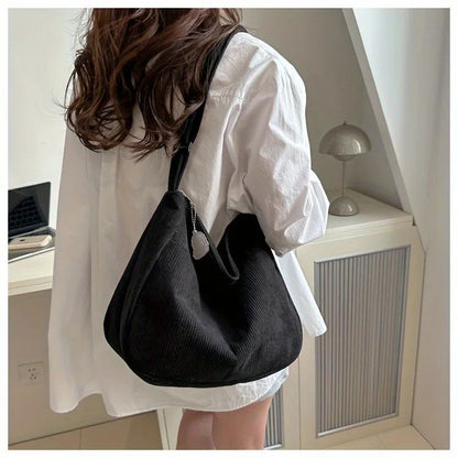 Women’s Corduroy Shoulder Bag Casual Striped Large Capacity Tote with Zipper Closure, Cute Hat Patch, Perfect for Everyday Use