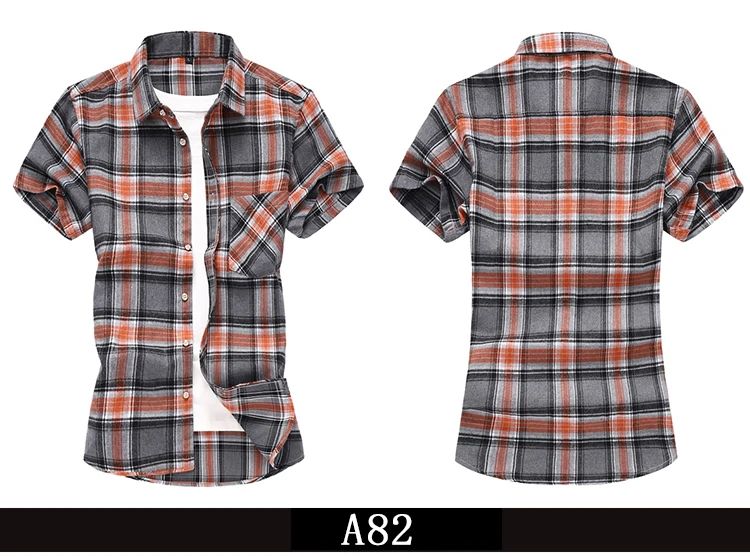 2025 new red summer men's shirts short-sleeved plaid fat big yards youth casual shirt.