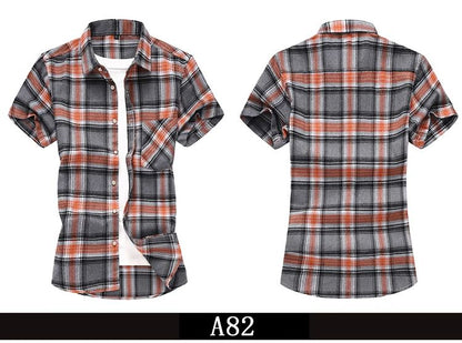 2025 new red summer men's shirts short-sleeved plaid fat big yards youth casual shirt.