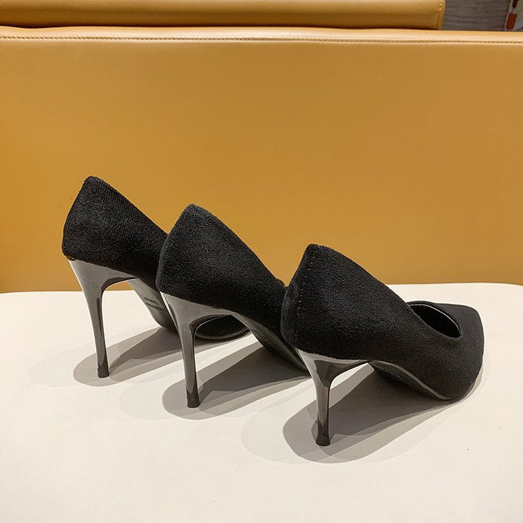 High Heels Women's New Women's Shoes Pointed Shallow Mouth Single Shoes Fine Heel Suede Black Fashion Shoes Women Large Size