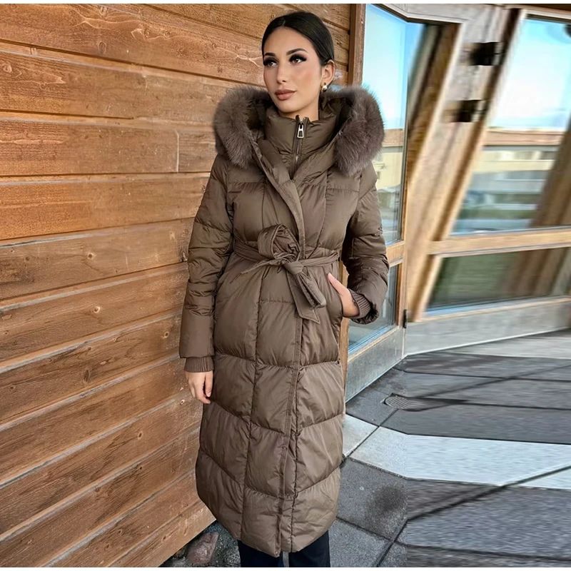 Casual Lace Up Women's Thicken Cotton Jacket Hooded Faux Fur Collar Zipper Long Coats Lady 2025 Winter Chic Female Street Coat