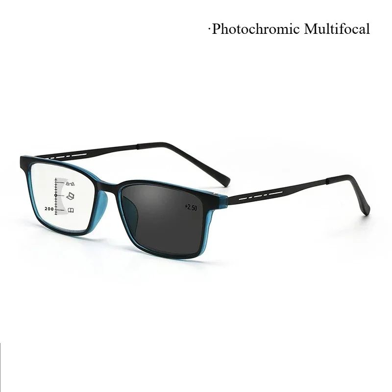 Óculos Multifocal Fotocromático para Presbiopia Armação Quadrada Óculos de Leitura para Negócios Luz Azul Lentes Acabadas para Vista Longa