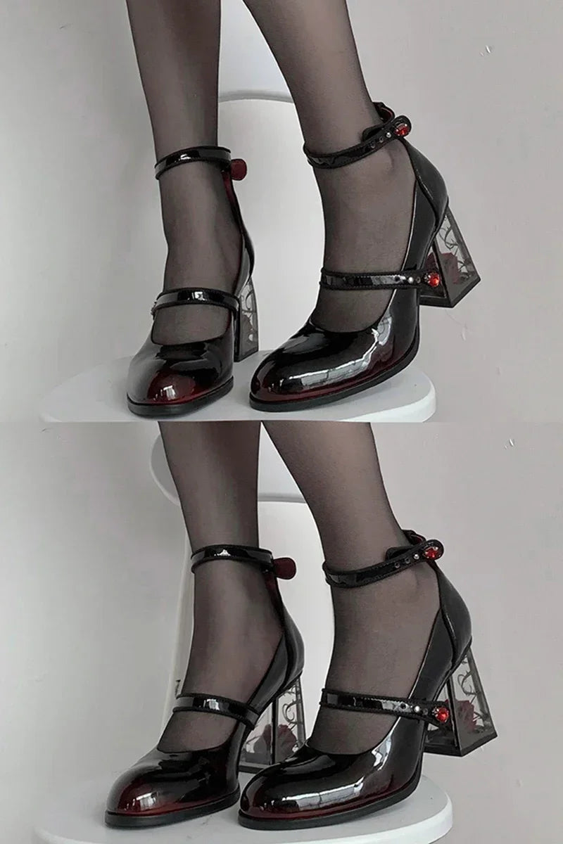 Sapatos Femininos de Salto Alto Punk Gótico Scarpin 2024 Novos Sapatos Femininos de Couro Sintético com Salto Rosa Sapatos Pretos Mary Jane com Tiras no Tornozelo