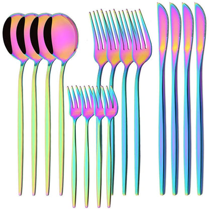 Conjunto de Talheres de Aço Inoxidável 16 Peças Rainbow para Jantar Faca Garfo de Bolo Colher Conjunto de Talheres de Mesa de Cozinha