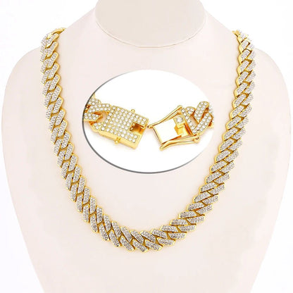Hip Hop Brilhante Colar Corrente Cubana 15MM Feminino Masculino Cor Prata Strass Gelo Fora Corrente Cubana Punk Joias Colar Presente