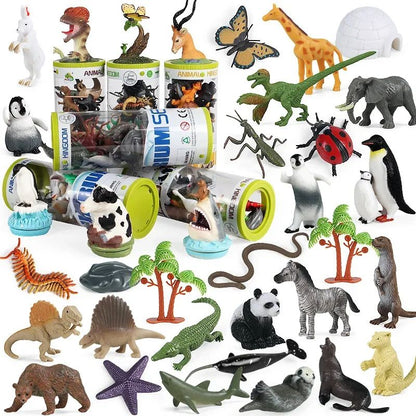 Mini Modelo Animal Fazenda de Vida Selvagem Aves Dinossauro Oceano Conjunto Animais da Planície Crocodilo Pinguim Insetos Brinquedos Micro Modelo Balde