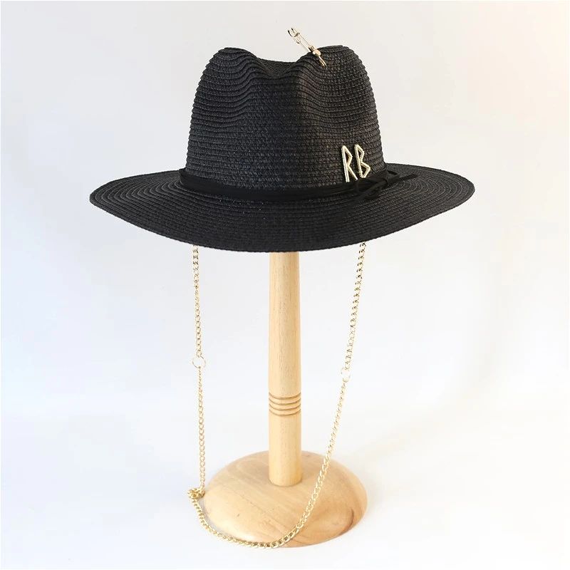 Fashionable Metal RB Letter Straw Hats for Women Men Summer Outdoor Holidays Beach Sun Hat Straw Hats for Women Fashion Panama
