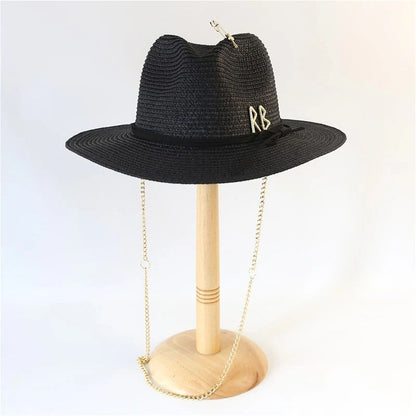 Fashionable Metal RB Letter Straw Hats for Women Men Summer Outdoor Holidays Beach Sun Hat Straw Hats for Women Fashion Panama