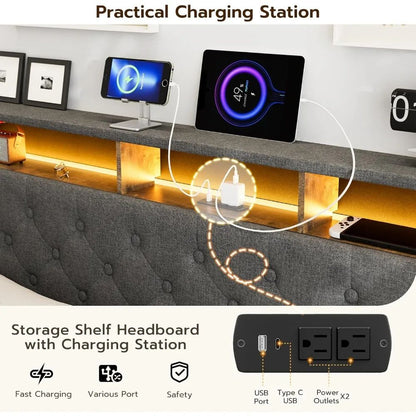 King Bed Frame with Charging Station Storage Headboard Upholstered Linen Button Tufted LED Platform Bed with 4 Drawers
