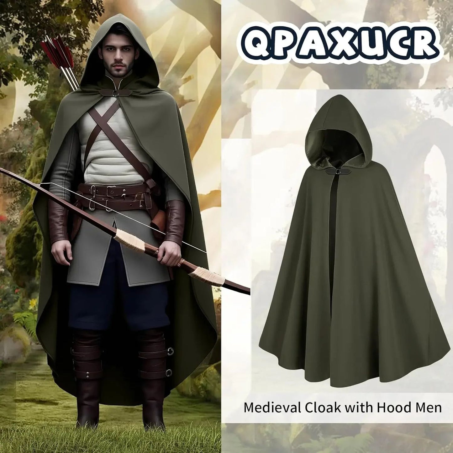 Cloak with Hood Men?Medieval Costume Men Round Metal Buckle Cloak with Green Leaf Brooch Necklace for Halloween
