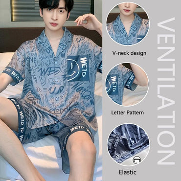 Large Size Men‘s Pajamas Set Ice Silk Cartoon Bear Short-Sleeved Student Two-Piece Button Tops and Pants Youth Student Sleepwear