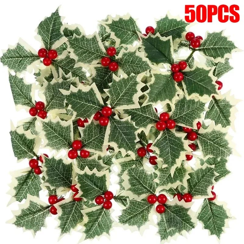 5-100Pcs Artificial Holly Berry Green Leaves Christmas Ornaments Gold Red Holly Berry Stems Xmas Tree Wreath Gifts Party Decor