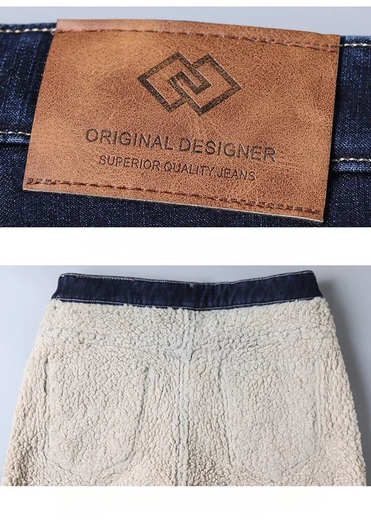 Calça Jeans Masculina de Inverno Forrada de Lã Grossa Sherpa Casual de Negócios Veludo Reta Masculina de Lã Pelúcia Clássica Elástica