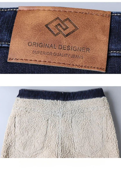 Calça Jeans Masculina de Inverno Forrada de Lã Grossa Sherpa Casual de Negócios Veludo Reta Masculina de Lã Pelúcia Clássica Elástica