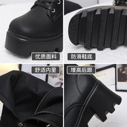 Autumn Women Punk Style Platform Mid-calf Boots Thick Sole Leather Motorcycle Boots 9CM Chunky Metal Buckle Short Boots Woman