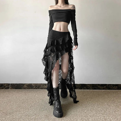 Sexy High Waist Lace Ruffles Skirts Women 2025 Spring Irregular Y2k Skirts Women Fashion Black Patchwork Party Clubwear Gothic