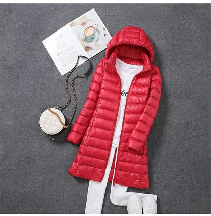 Women Ultra Lightweight Packable Long Puffer Jacket 2023 New Autumn Winter Warm Hat Detachable Hooded Female Coat Parka 5XL 7XL