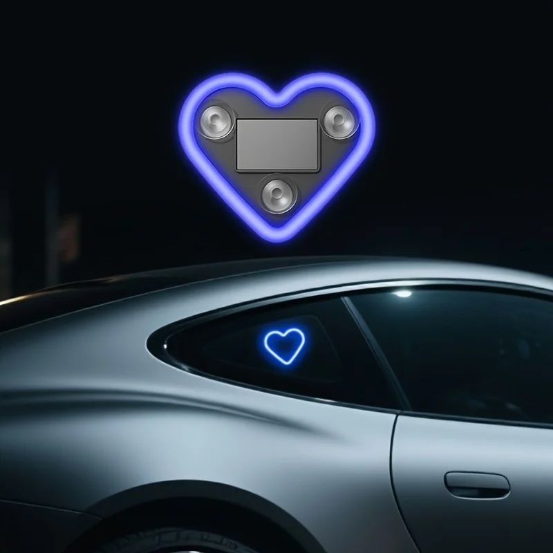 Luzes de Neon LED Solares para Janela de Carro - Luz de Atmosfera Interna em Formato de Coração RGB Sem Fio com Cores Mutáveis