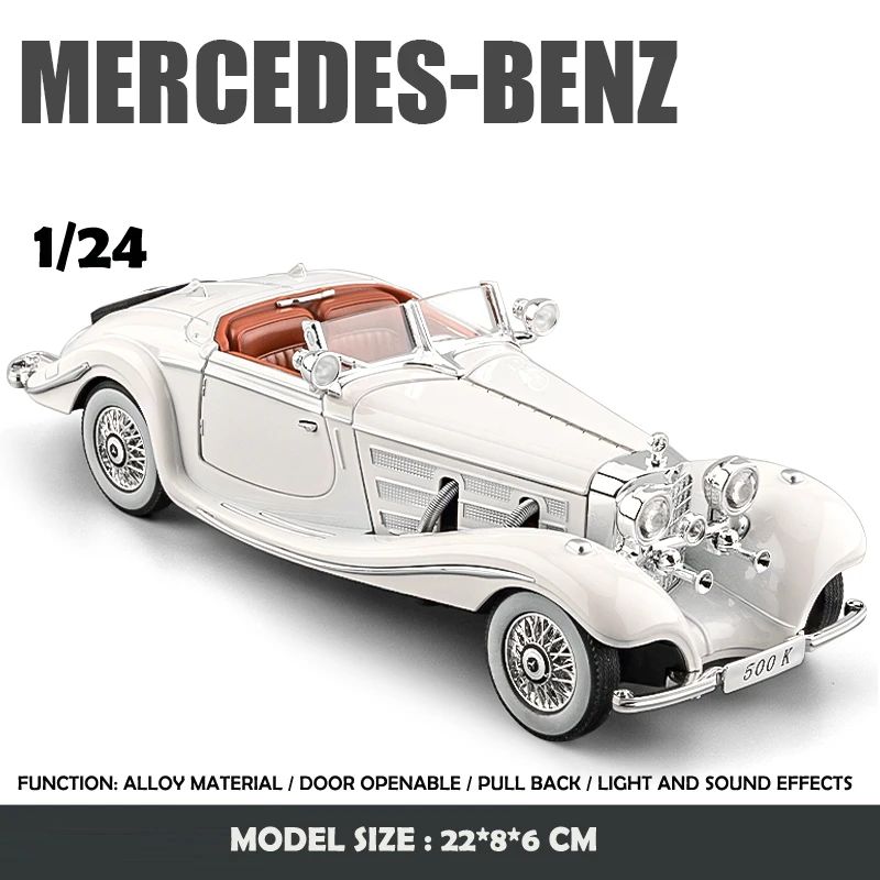 Simulação 1/24 Escala Benz 500K 1936 Clássico Modelo Carro Vintage Com Caixa de Exibição Presente de Aniversário Menino Coleção Miniatura Carro