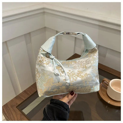 Sweet Embroidery Shoulder Bag Nylon Texture Pearl Pendant Crossbody Bag Small Bucket Handbag Women Canvas Luxury Cheongsam Bag