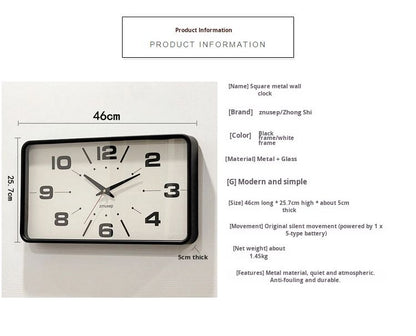 Win Elegant Simple Modern Japanese Style Metal Wall Clock New Silent Rectangular Home and Office Clock for Living Room