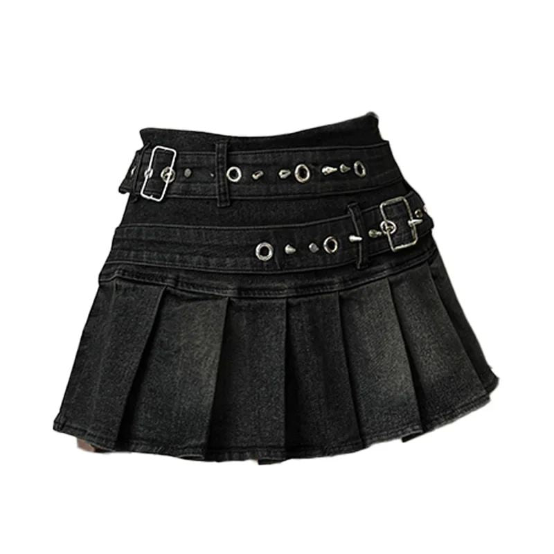 Women's Blue Black Riveted Belt Denim Skirt Y2K Harajuku High Street Fashion 90s Sexy A-line Mini Skirt Summer Clothing 2025 New