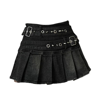 Women's Blue Black Riveted Belt Denim Skirt Y2K Harajuku High Street Fashion 90s Sexy A-line Mini Skirt Summer Clothing 2025 New