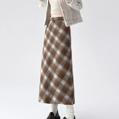 2025 Autumn Vintage Woolen Plaid Skirts Lady Elegant High Waist Slimming A-Line Skirt Women Korean Streetwear Slit Long Skirt