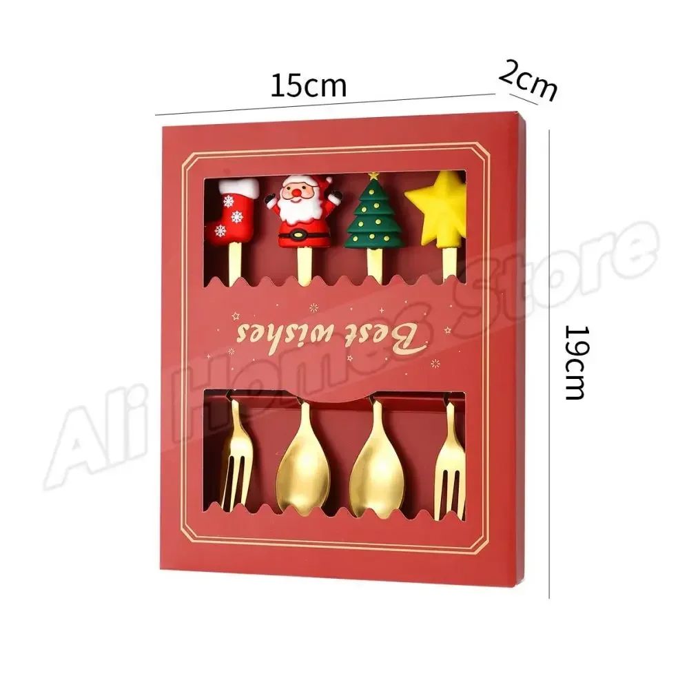 Christmas Cutlery Set Elk Dessert Scoop Fruit Fork Coffee Spoon Stainless Steel Dessert Fork 4/6PCS Christmas Spoons Fork Set