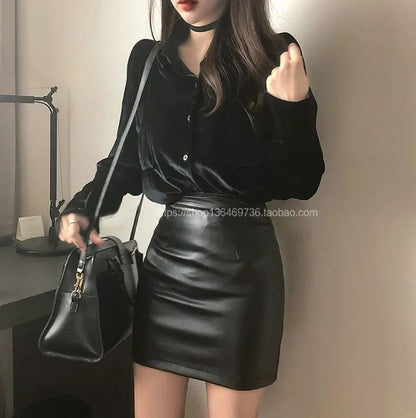 Mini Dress Short Black Pu Leather Skirt Sexy Professional Tightening Women's Underwear 2024 New Style Ultra-short Female Suit