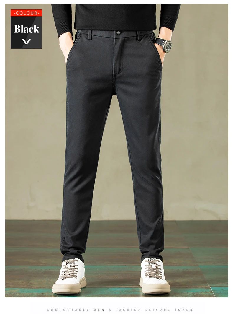2024 Primavera Novas Calças Casuais Masculinas Marca de Roupas Negócios Cintura Elástica Grossa Clássica Slim Calça Masculina Preto Cinza Marrom