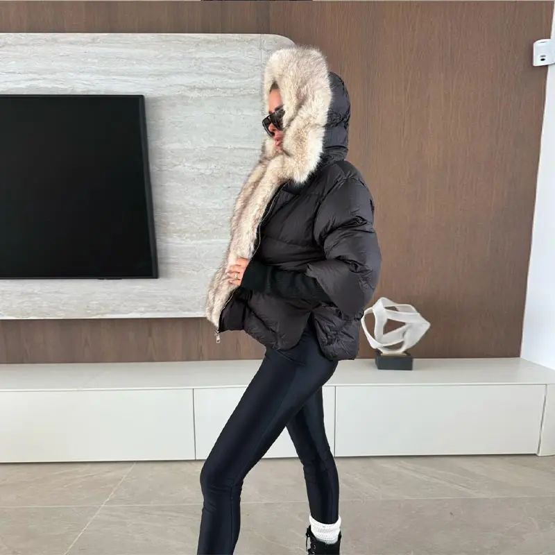 Faux Fur Spliced Hooded Cotton Jackets Women Zipper Long Sleeve Pocket Warm Coats 2025 Winter Fashion Solid Down Jacket New