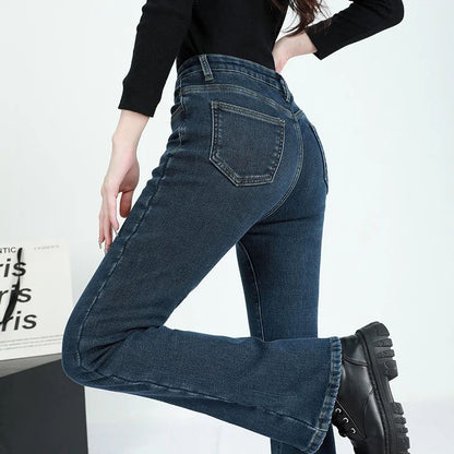Winter Female Thin Snow Warm Plush Jeans Lady Chic Fleece Flared Pants Girls Korean High Waist Straight Leg Denim Trousers