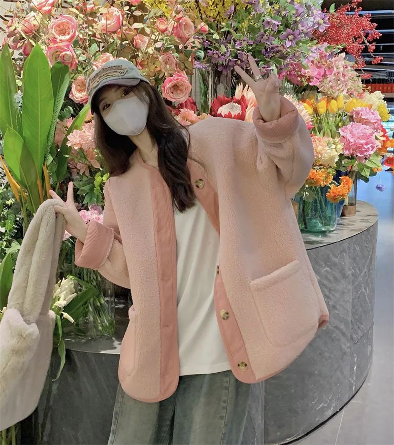 2024 Winter New Women's Lamb Wool Jacket Petite Loose-Fit Thickened Integrated Deer Skin Fleece Medium-Length Korean Style