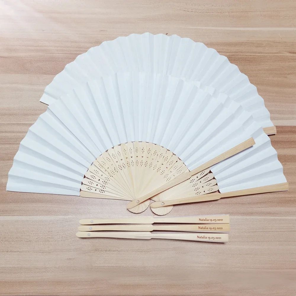 Personalized Engraved White Folding Elegant Paper Fan with Gift bag Portable Party Wedding Supplies