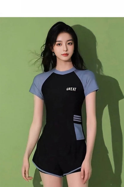 Sporty Two-Piece Swimsuit Short Sleeve plus Size Concealing Conservative Flat Footwear for Hot Springs Swimming Costume