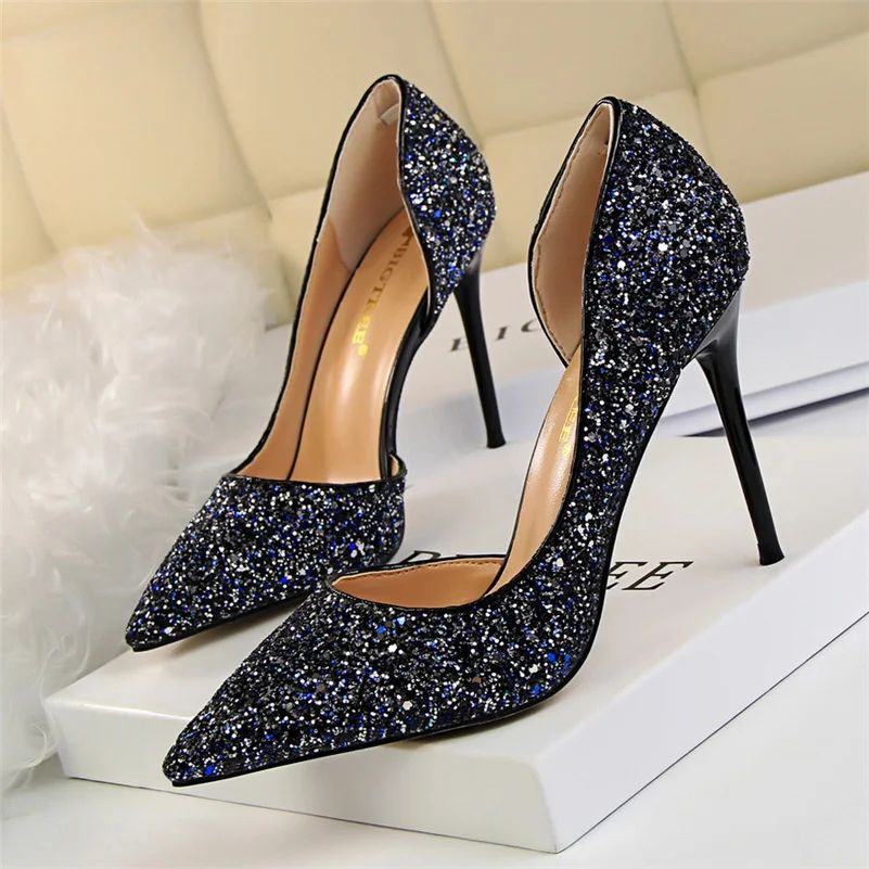 Plus Size 34-43 Women 9.5cm High Heels Stripper  Bling Glod Red Silver Scarpins Pumps Lady Stiletto Wedding Bridal Fetish Shoes