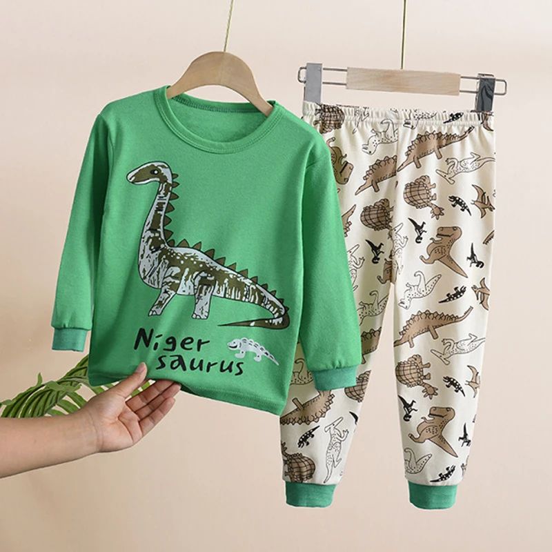 2-10 Years Spring Autumn Boys Pajamas Cartoon Dinosaur Pattern Full Sleeve Shirt +Pants 2Pcs Suit For Kids Children Clothing Set