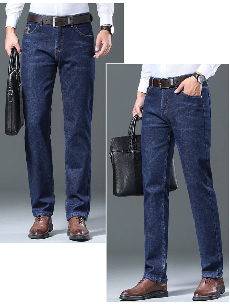 Calça Jeans Masculina de Lã Aveludada, Inverno, Forrada com Lã Grossa, Casual de Negócios, Reta, Jeans, Macia, Confortável, Térmica, Elástica, Calças Masculinas