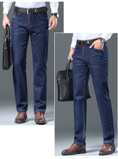 Calça Jeans Masculina de Lã Aveludada, Inverno, Forrada com Lã Grossa, Casual de Negócios, Reta, Jeans, Macia, Confortável, Térmica, Elástica, Calças Masculinas