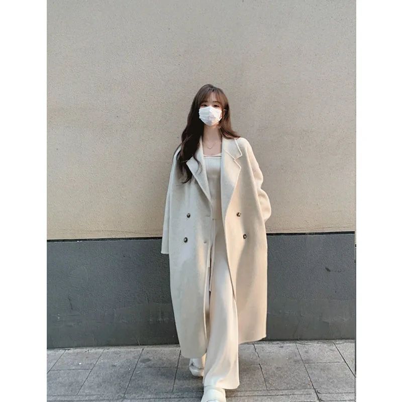 Winter Long Pink Woolen Coat French Hepburn Style Loose Casual Slimming Knee-Length Tweed Outerwear Women's Fashion