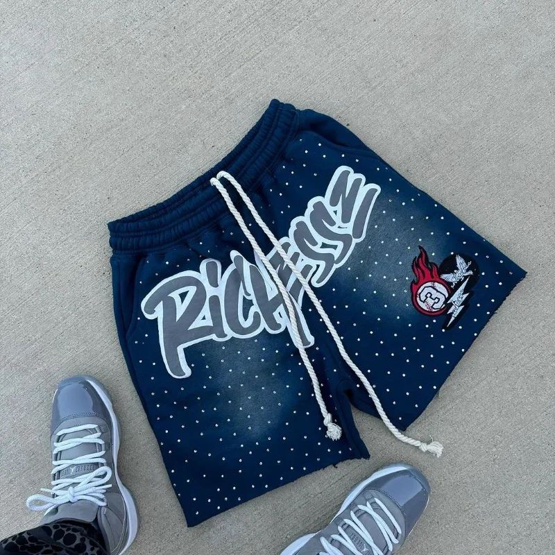Y2K Harajuku Men's Shorts Rhinestone Letter-printed Sweatpants Fashion Quick-drying and Downhill Casual Motorcycle Shorts