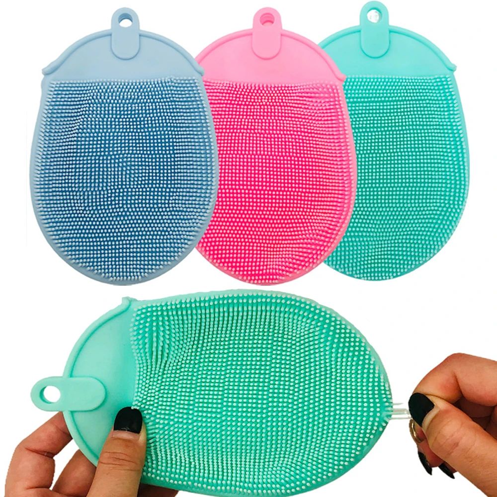 1 unidade de escova de massagem de silicone com gancho macio, esfoliante, luvas de banho, escova de limpeza para bebês, esfoliante de banho, removedor de bolhas