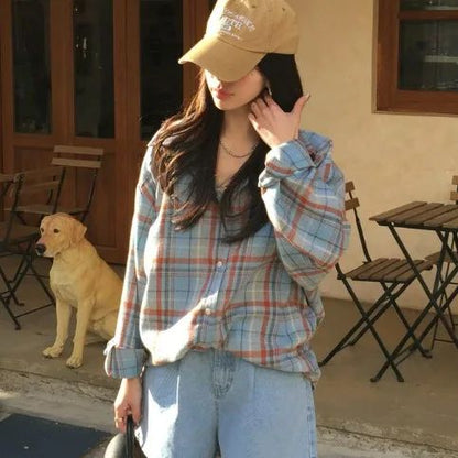 Early Autumn New Style Loose Long Sleeve Shirt Women's Polo Collar Button down Striped Korean Ins Lazy Style Fashionable Women's