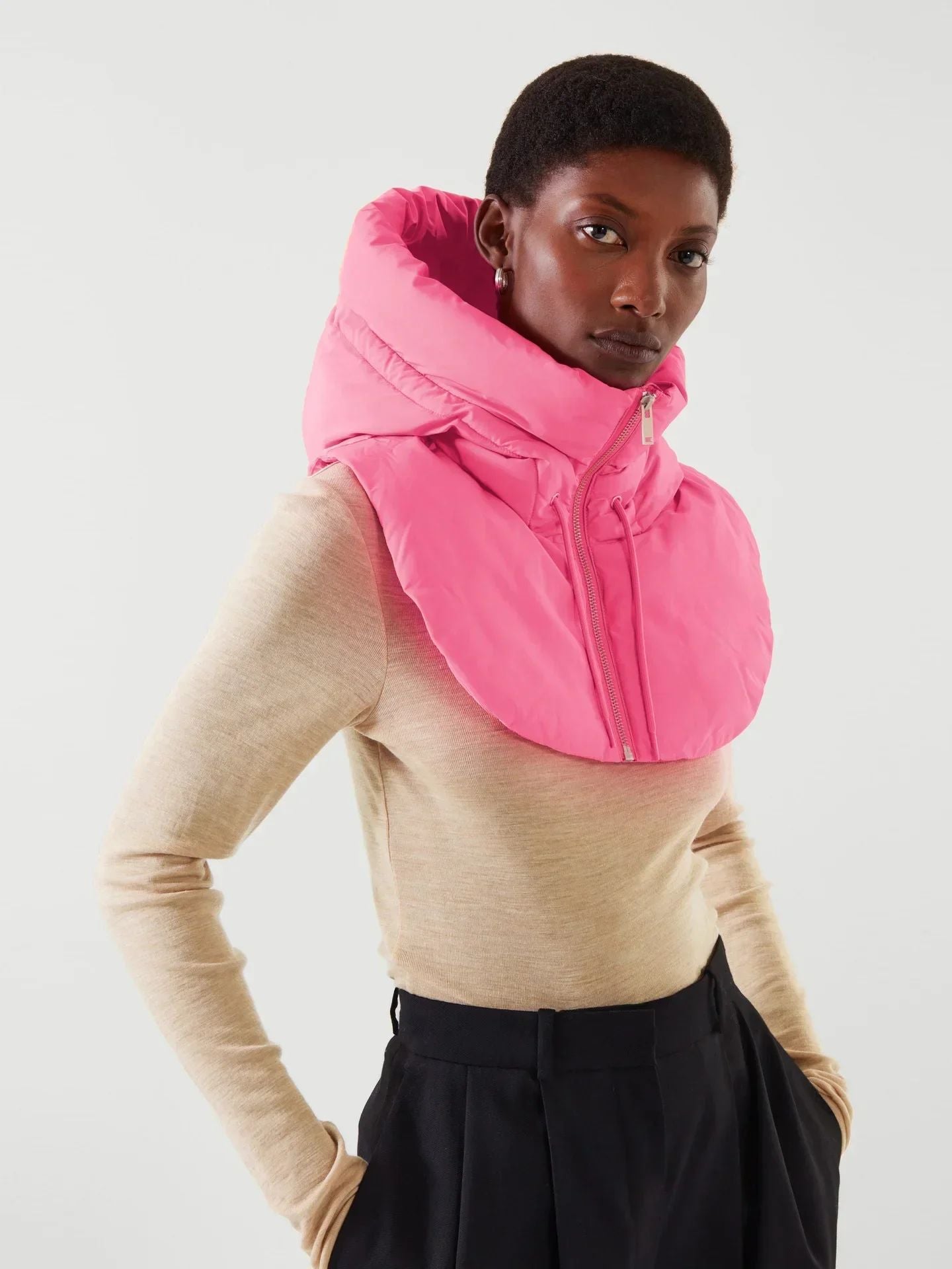 Chapéus com capuz de penas ultraleves de inverno para mulheres e homens Cachecol de anel quente Balaclava Chapéu de pescoço com zíper Cachecol de casaco com cordão Top curto