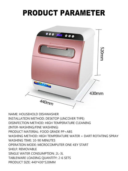 Portable Mini Dishwasher Countertop Automatic Tableware Washer Sterilizer Smart Kitchen Appliance for Home Office Compact