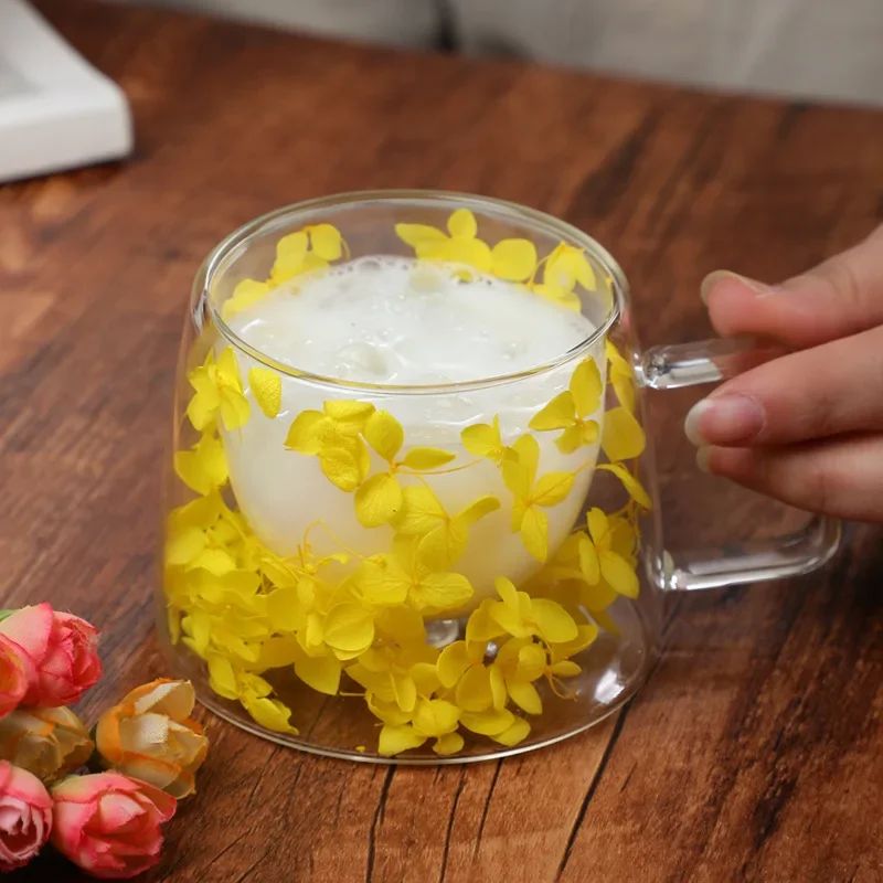 Copo de Vidro de Parede Dupla 200ml Transparente com Padrão de Flores Caneca de Chá Leite Café com Alça Presente para Amigos Copo de Água para Casa